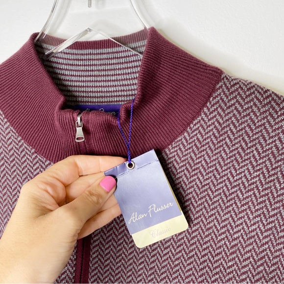 NWT Alan Flusser Quarter Zip Herringbone Knit Sweater Burgundy XL - Picture 8 of 11
